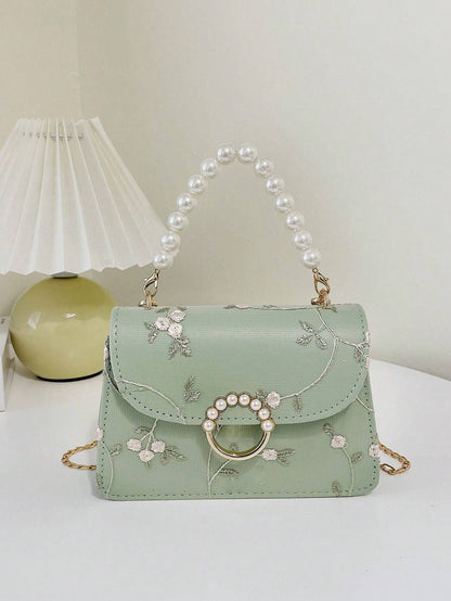 Fashionable Small Square Bag – Pearl Handle Shoulder & Crossbody