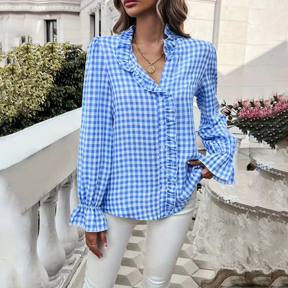 Women's French Style Checkered Button-Up Shirt - Elegant Plaid Pattern, Stand Collar With Ruffled Cuffs, Comfortable Wear