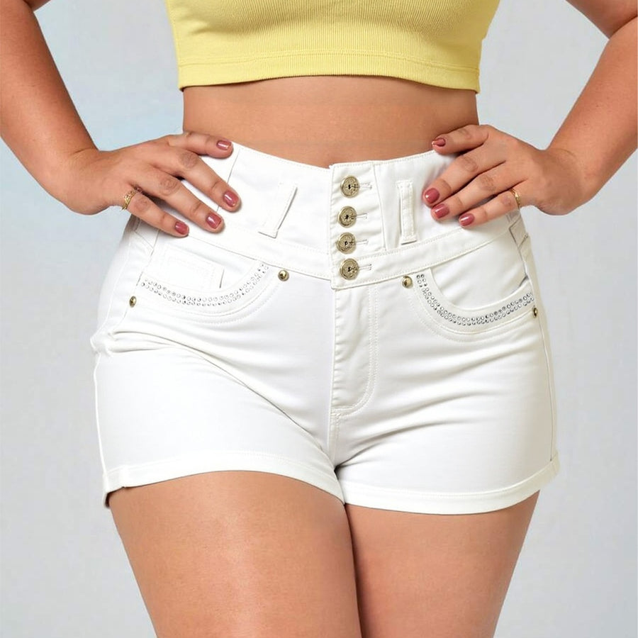 White High Waist Button Shorts Slim Fit Stretch Denim