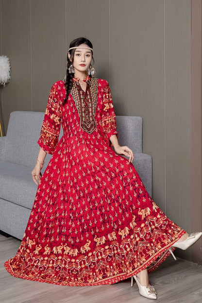 Ethnic Print V-neck Loose Slimming Retro Embroidery Dress