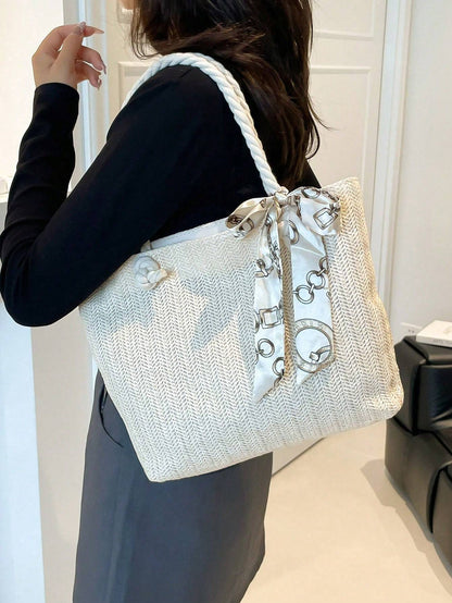 Women’s Woven Straw Tote Bag – New Style Large Capacity Handbag with Silk Scarf