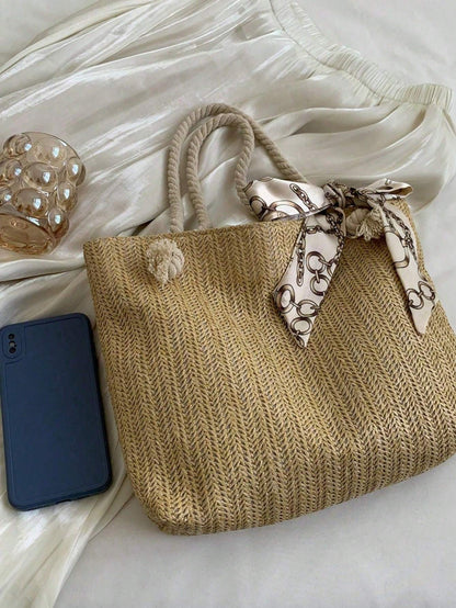 Women’s Large-Capacity Tote Bag – Straw Casual One-Shoulder Underarm Handbag