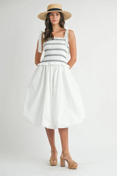 MABLE Smocked Bodice Bubble Midi Dress