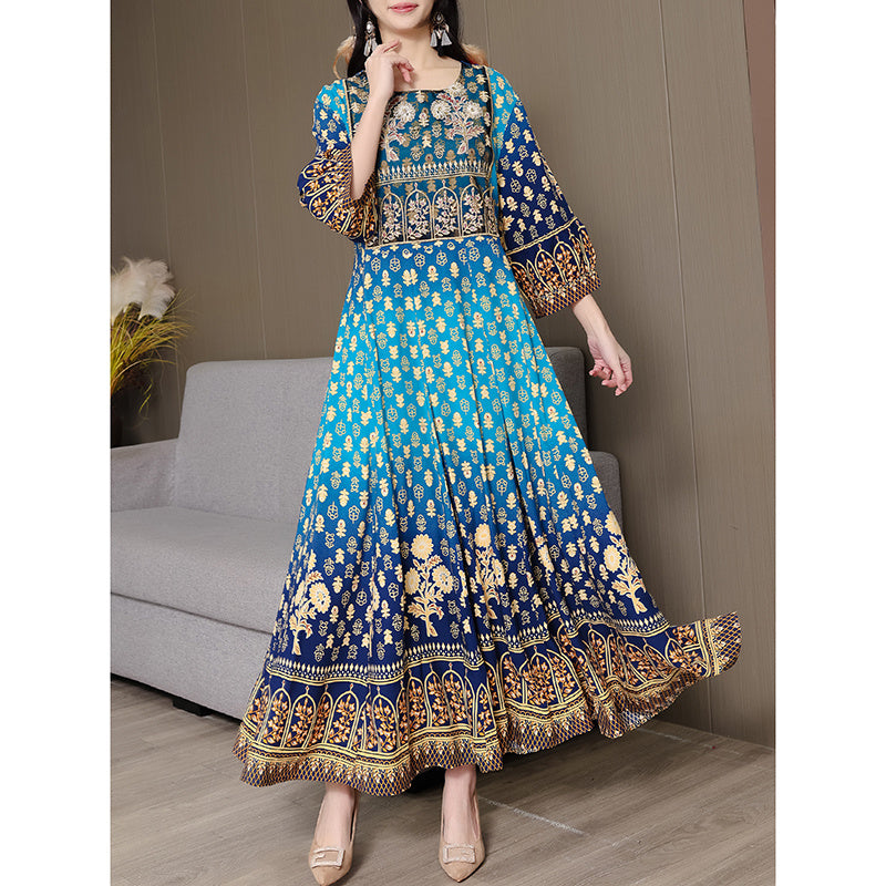 Women's Bohemian Chic Maxi Dress, Ethnic Style Embroidered Square Neck 3 4 Sleeve Flowy Party Dress