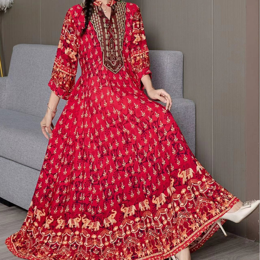 Ethnic Print V-neck Loose Slimming Retro Embroidery Dress