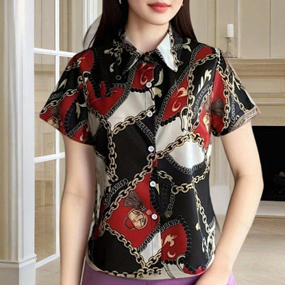 Women's Lapel Collar Short Sleeve Shirt - Chain Print Design, Button-Up Casual Top Comfortable