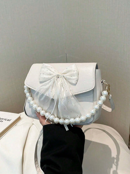 Women’s Bowknot Lace Pearl Handbag – Fashion Shoulder Crossbody Bag