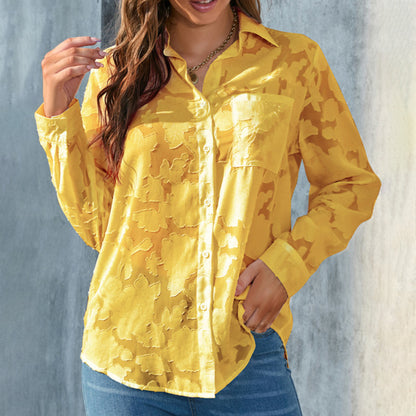 Women's Casual Sheer Button Down Shirts Long Sleeve V Neck Jacquard Blouses Tops