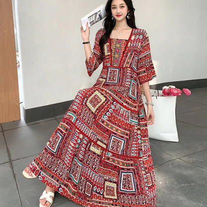 Summer Vintage Cotton Silk Ethnic Style Embroidered Dress Women