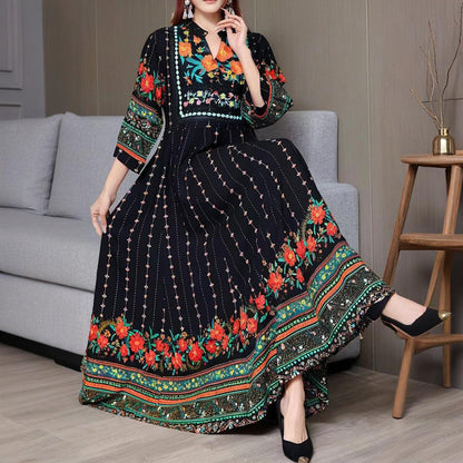 Women's Ethnic Style V-Neck Long Sleeve Dress