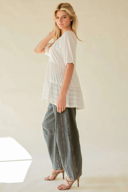 Davi & Dani Ruffled Flared Short Sleeve V Neck Blouse