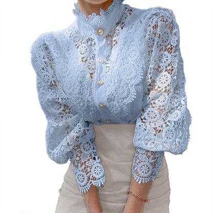 Elegant Women's Vintage Pearl Button Lace Blouse