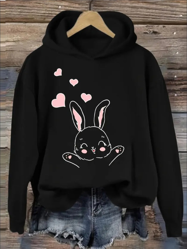 Print Bunny Graphic Hoodie - Cozy Black Pullover For Women