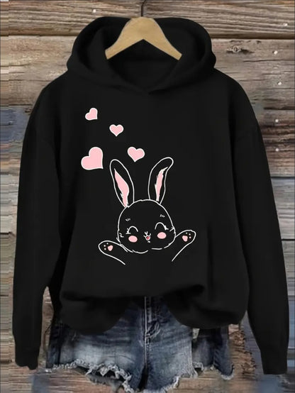 Print Bunny Graphic Hoodie - Cozy Black Pullover For Women
