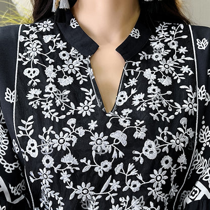 Women's Bohemian Embroidery V-neck Dress, Elegant 3 4 Sleeve A-line Swing Maxi Dress