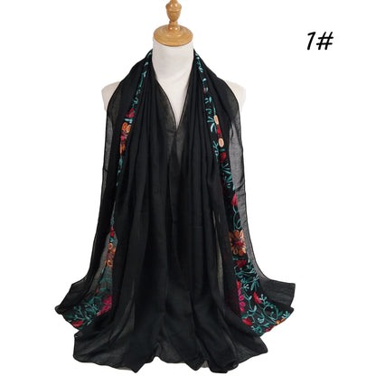 Big Flower Embroidery Cotton And Linen Headscarf Long Scarf Head Cover Hijab