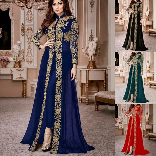 Retro Ethnic Print Long Sleeve Stand Collar Two-Piece Temperament Dress