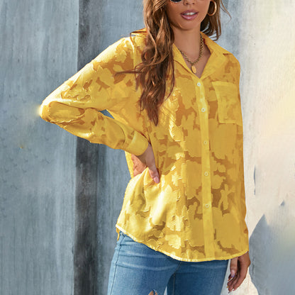 Women's Casual Sheer Button Down Shirts Long Sleeve V Neck Jacquard Blouses Tops