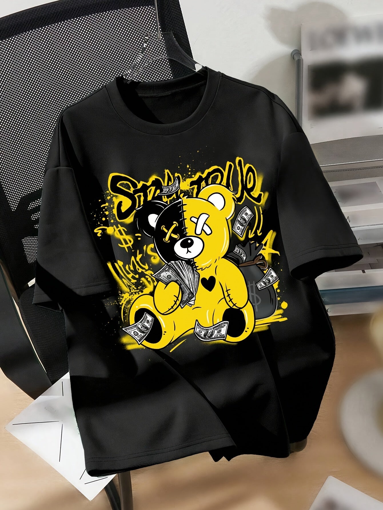 Splicing Bear And Letter Printed Casual T-shirt