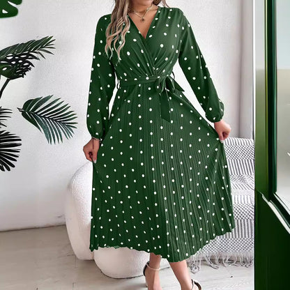 Spring Summer Elegant Long Dress Cross V-Neck Contrast Polka Dot Long Sleeve Pleated Bridesmaid Dresses