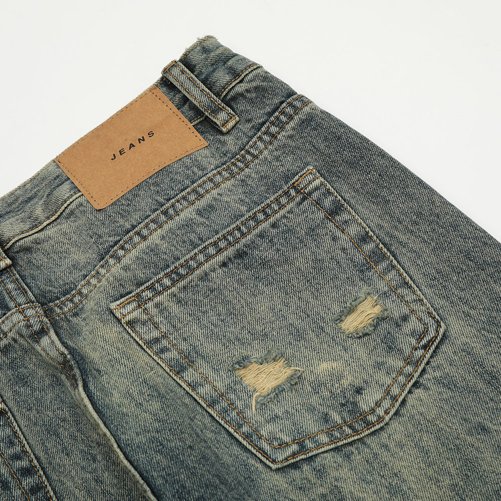 Washing Hole Denim Straight-leg Trousers Men