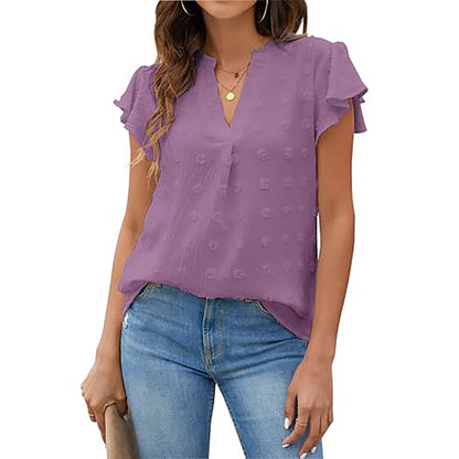Women's V Neck Ruffle Short Sleeve Blouse Business Office Casual Top Shirts