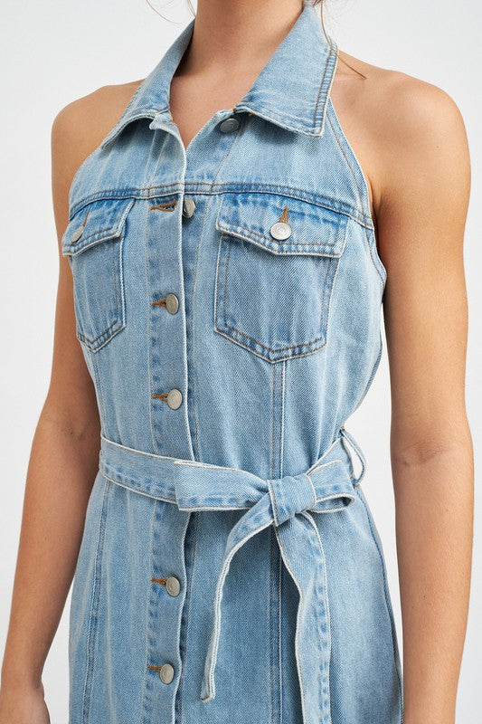 BUTTON DOWN DENIM MINI DRESS WITH BELT