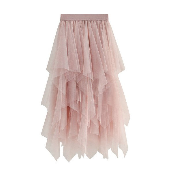 Tiered mesh ruffle midi skirt