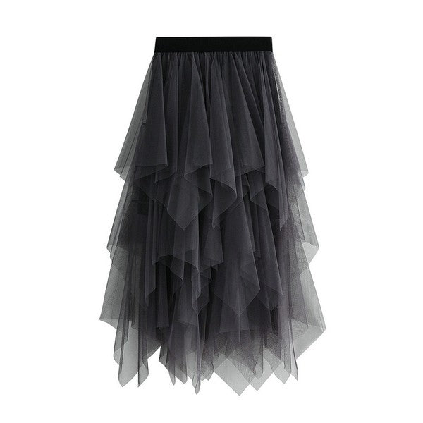 Tiered mesh ruffle midi skirt