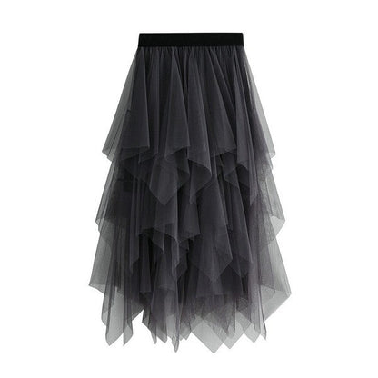 Tiered mesh ruffle midi skirt