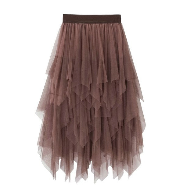 Tiered mesh ruffle midi skirt