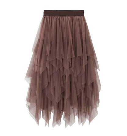 Tiered mesh ruffle midi skirt