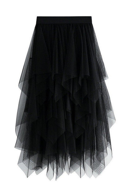 Tiered mesh ruffle midi skirt