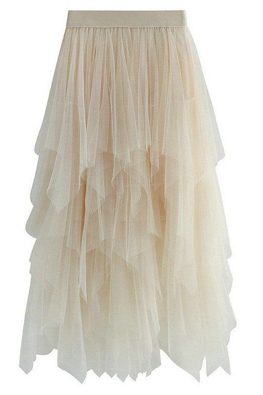Tiered mesh ruffle midi skirt