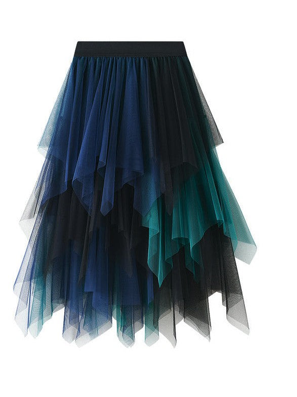 Tiered mesh ruffle midi skirt