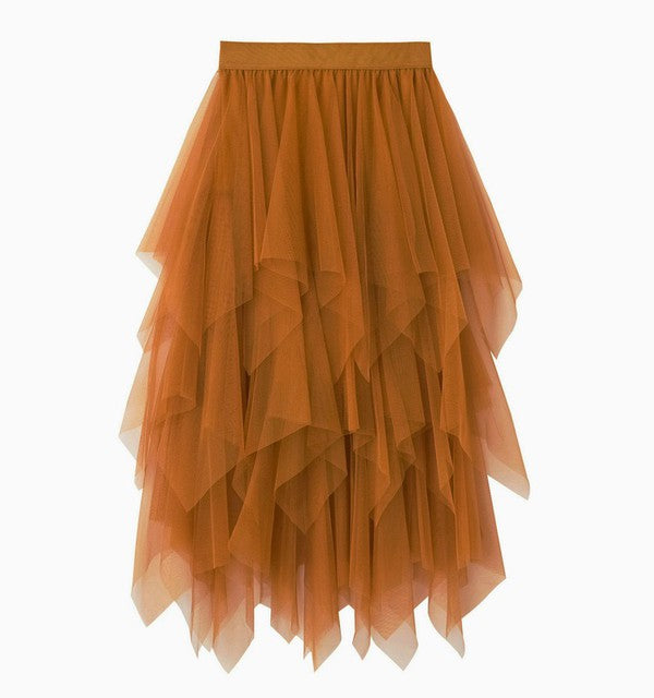 Tiered mesh ruffle midi skirt