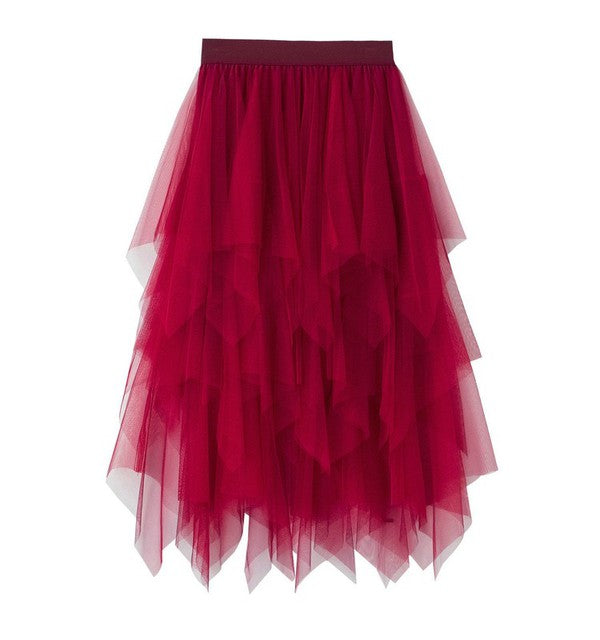 Tiered mesh ruffle midi skirt