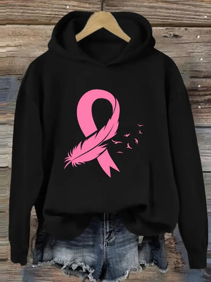 Women's Fashion Hoodie With Pink Ribbon And Feather Print