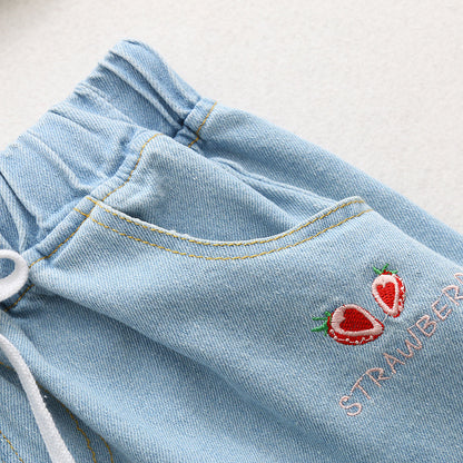 Strawberry loose wide-leg short jeans for women