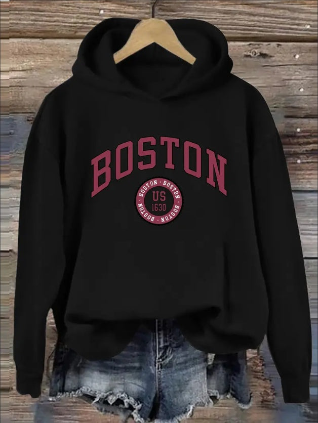 Cozy Women's Boston Letter Print Hoodie