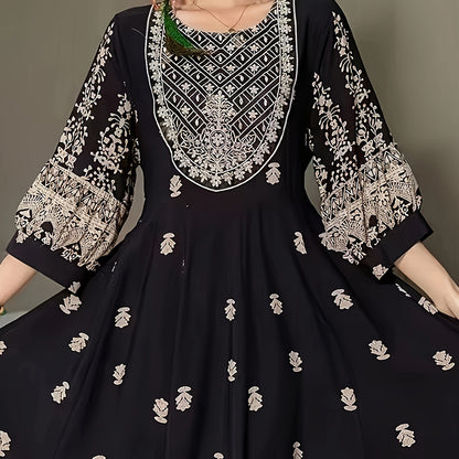 Women's Bohemian Embroidered Maxi Dress Elegant 3 4 Sleeve Swing Dress