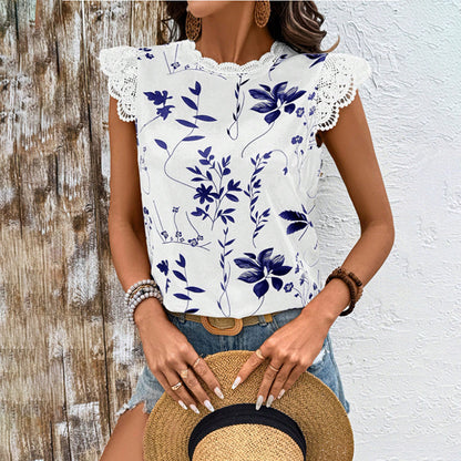 Women's Summer Geometric Leaf Print Tops Lace Cap Sleeve Crew Neck Shirts Blouse