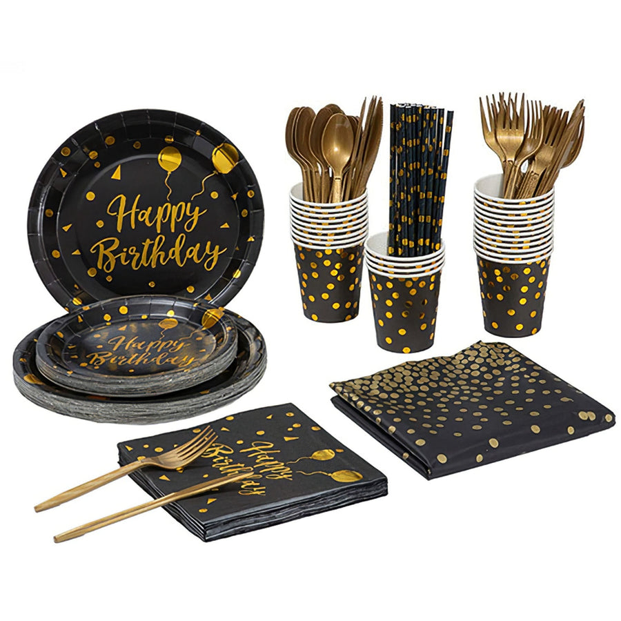 201PCS Black Gold Birthday Party Supplies For 25 Guests