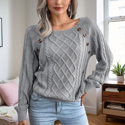 Women's Solid Color Casual Square Neck Button-Detail Knit Top - Textured Ribbed Pattern, Cozy Sweater
