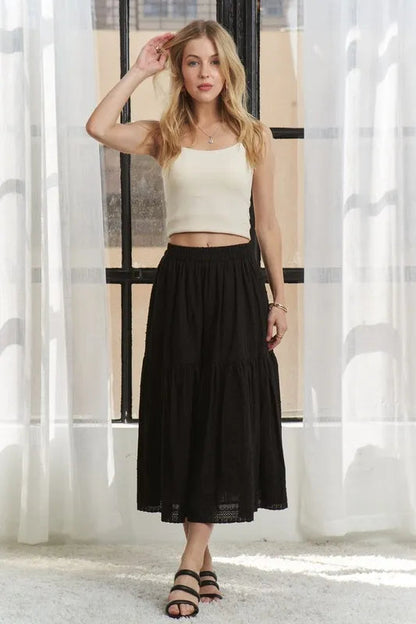ADORA Elastic Waistband Tiered Midi Skirt