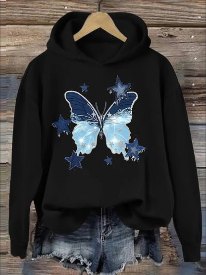 Butterfly Print Hoodie, Casual Hooded Sweatshirt For Women