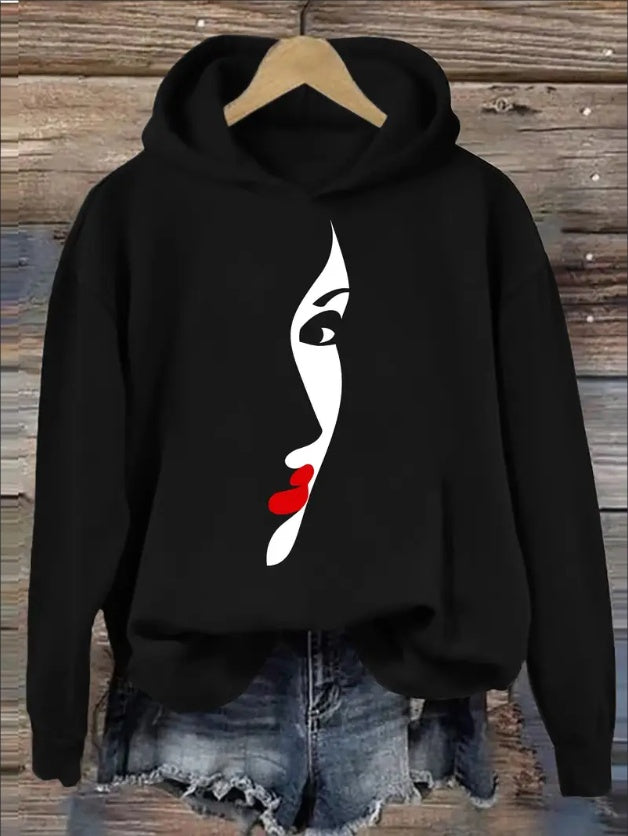 Women's Casual Black Hoodie With Artistic Face Print