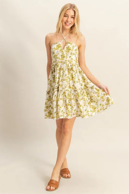 HYFVE Floral Print Halter Neck Tiered Mini Dress