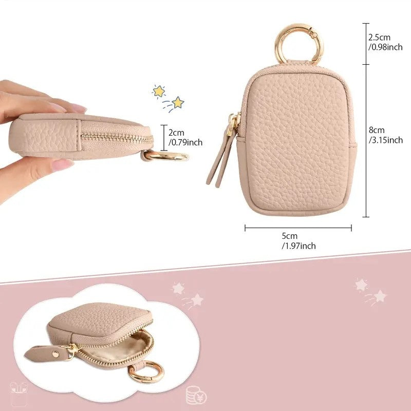 Women’s Leather Coin Purse – Mini Zipper Change Pouch Keychain Wallet