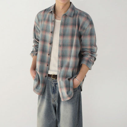 Color-contrast Check Long Sleeve Shirt For Men